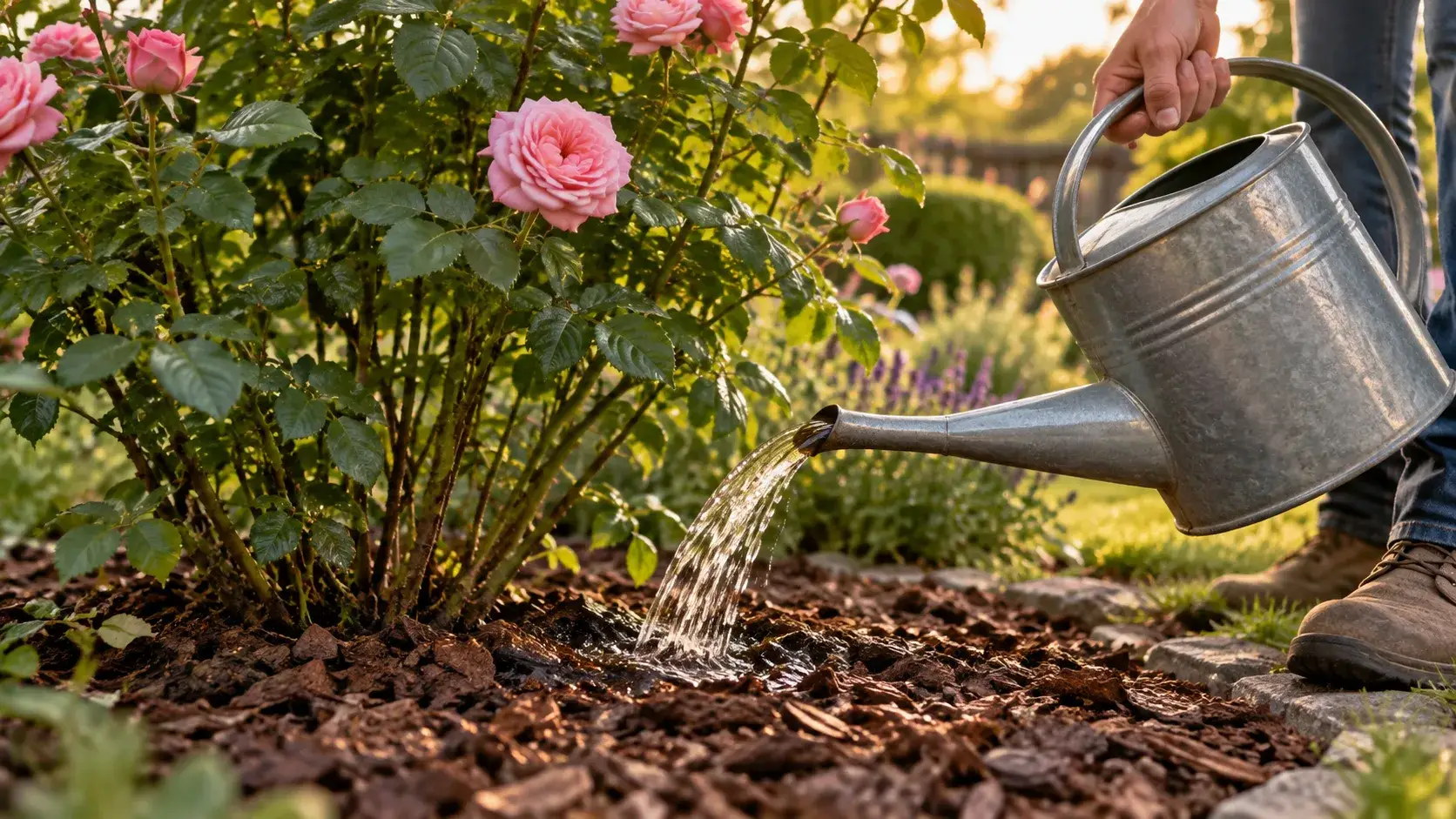 Arrosoir versant un filet d'eau au pied d'un rosier paillé, sous le feuillage resté sec
