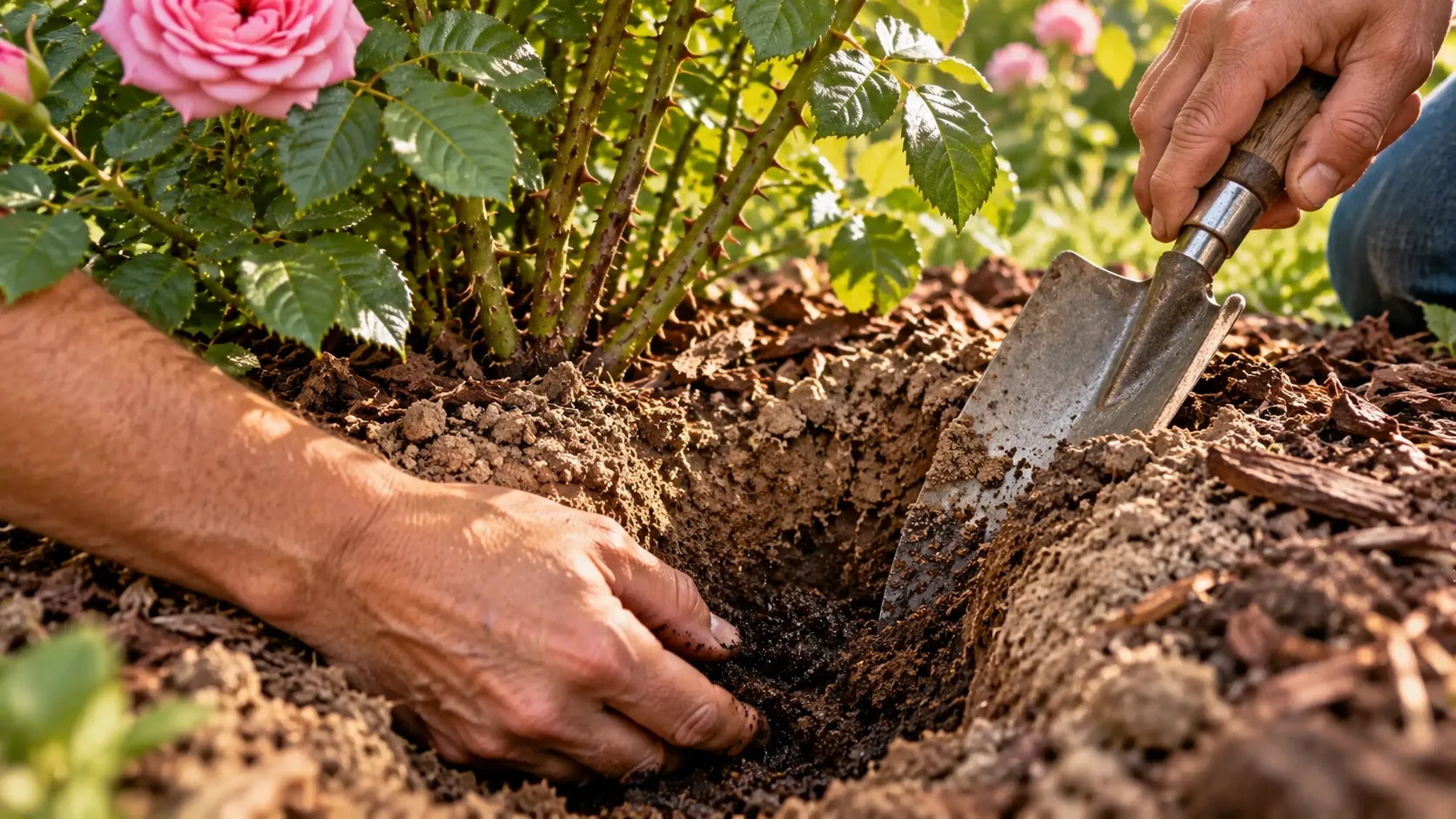 Au pied d'un rosier paillé, un transplantoir ouvre un trou étroit : la terre est pâle et sèche en surface, sombre et humide au fond, où des doigts vérifient l'humidité