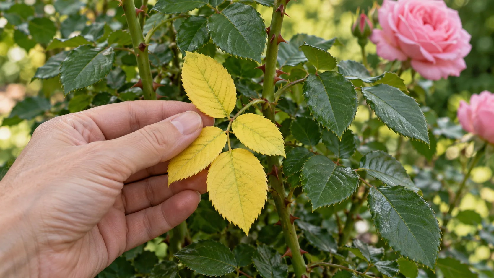 Une main soulève une feuille de rosier entièrement jaune, sans tache, au milieu d'un feuillage resté vert, pour regarder où le jaune commence