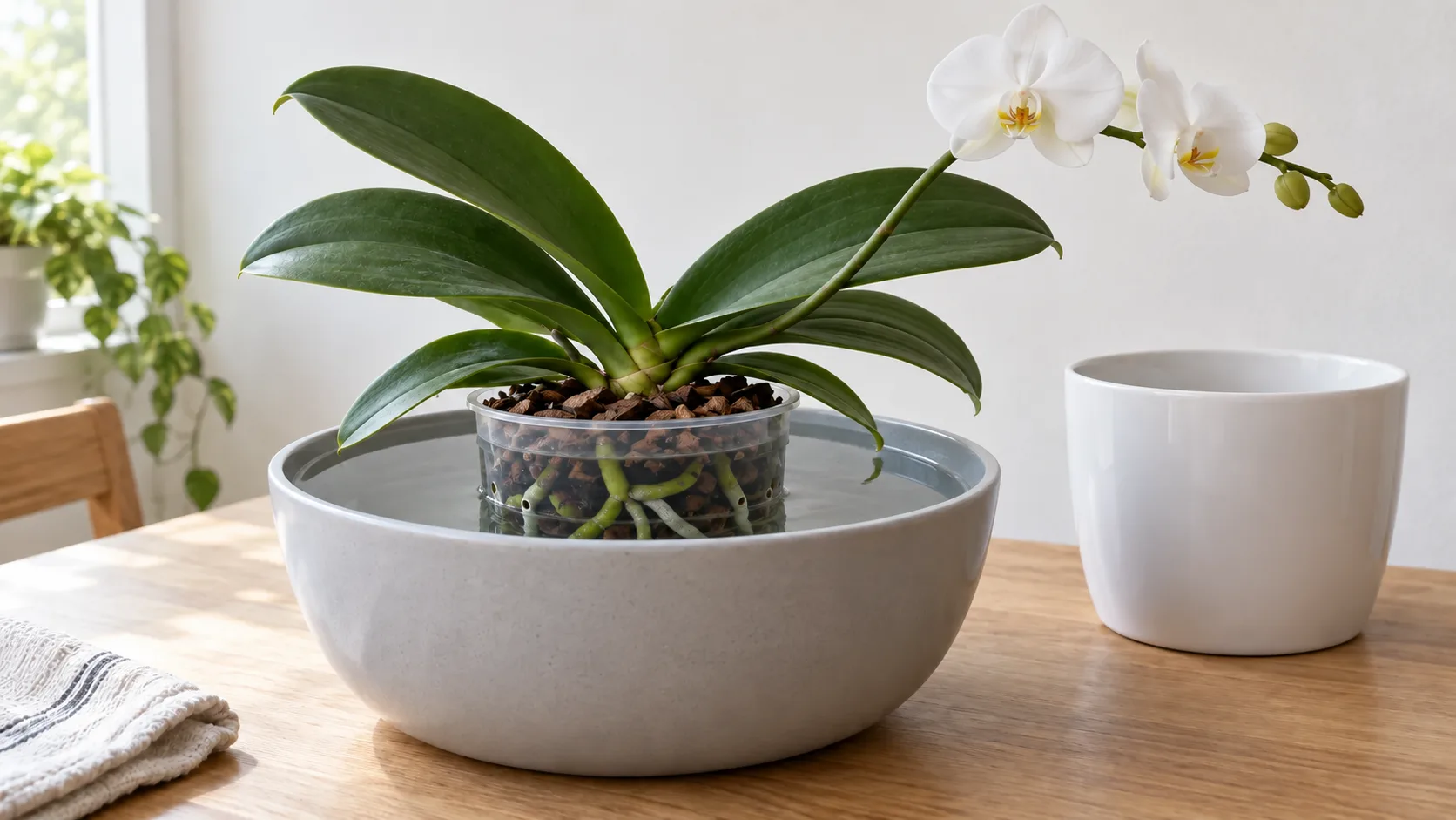 Le bain : le pot de orchidée papillon posé dans une bassine d'eau, l'eau à hauteur du pot